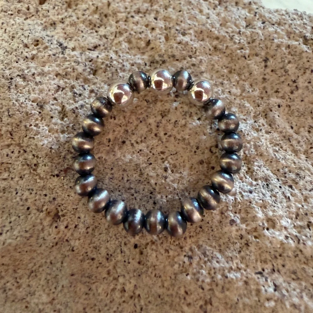 ❤️ 3mm Desert Pearl & Shiny Beads Sterling Silver Stretchy Adjustable Ring